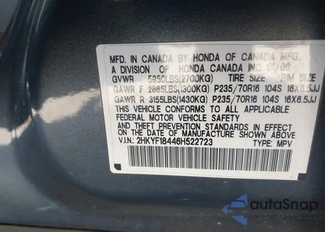 2006 Honda Pilot Ex from USA, damaged, VIN 2HKYF18446H522723